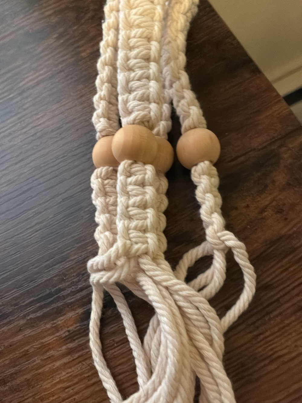 Handmade Macrame Plant Hanger with Wooden Beads - Cream